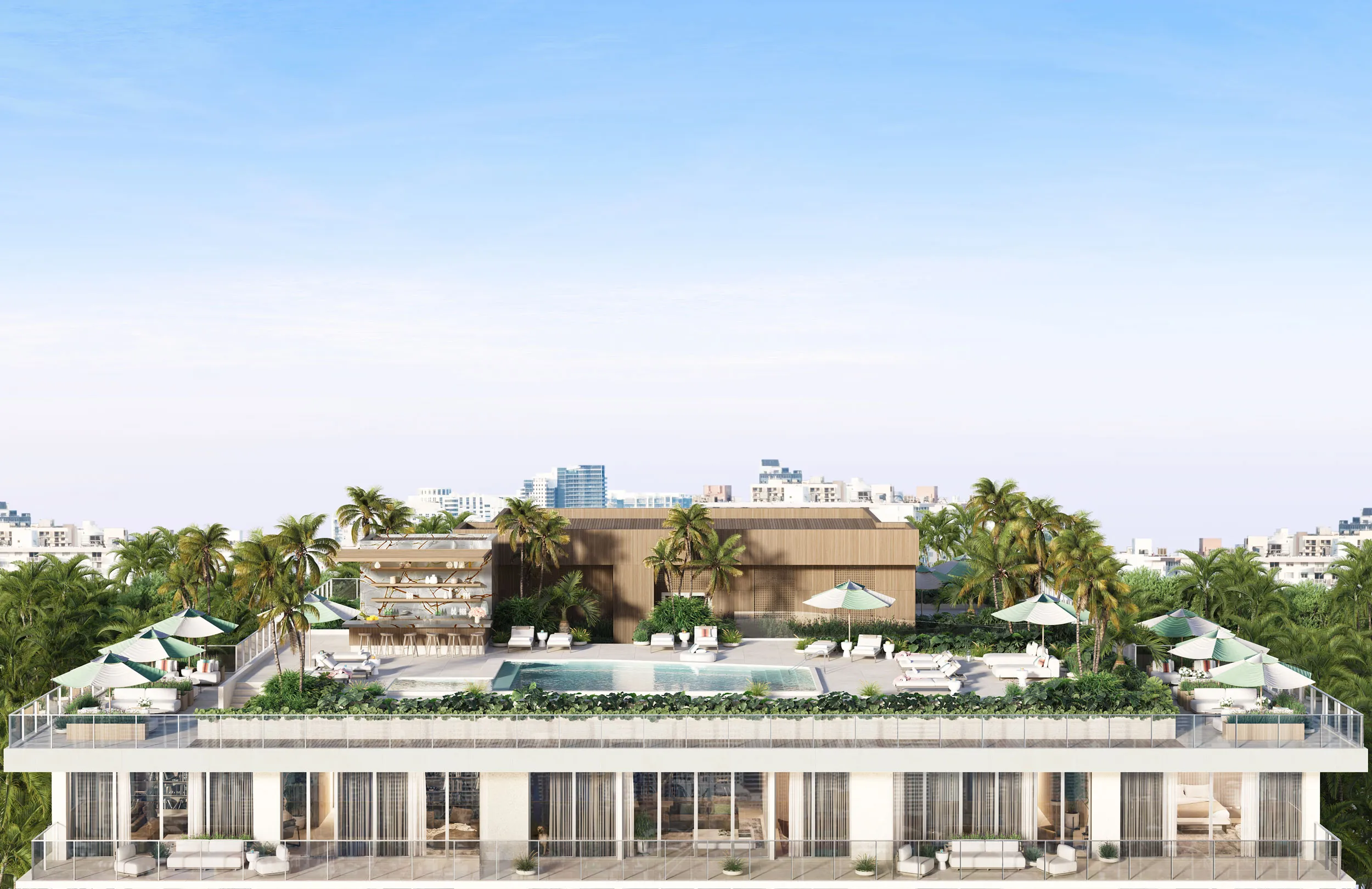 Render de la terraza de la azotea: una piscina alargada bordeada de tumbonas y sombrillas verdes y blancas, un pabellón bar de madera listonada detrás, palmeras a lo largo del parapeto y el perfil bajo de la ciudad al fondo.