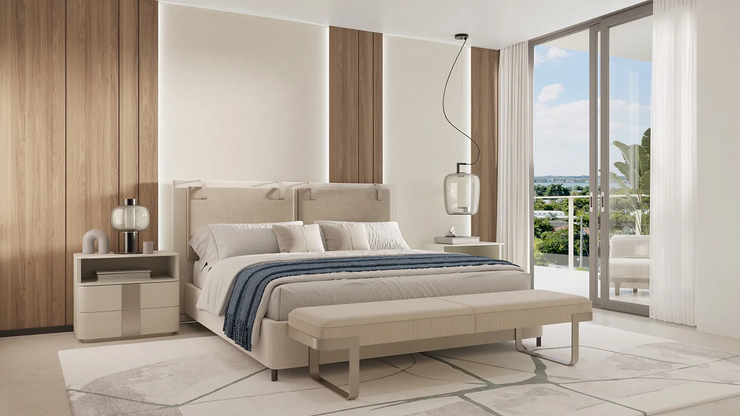 Rendering of a bedroom set against walnut panelling, an upholstered headboard and a blown-glass pendant beside the terrace doors.