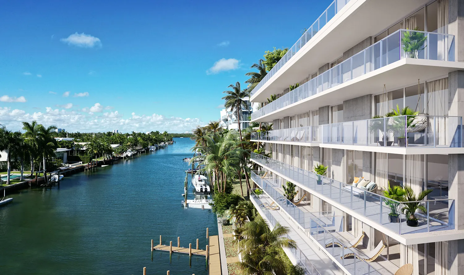 Rendering of the canal elevation, terrace stacked on terrace, looking down the waterway past private docks and moored boats.