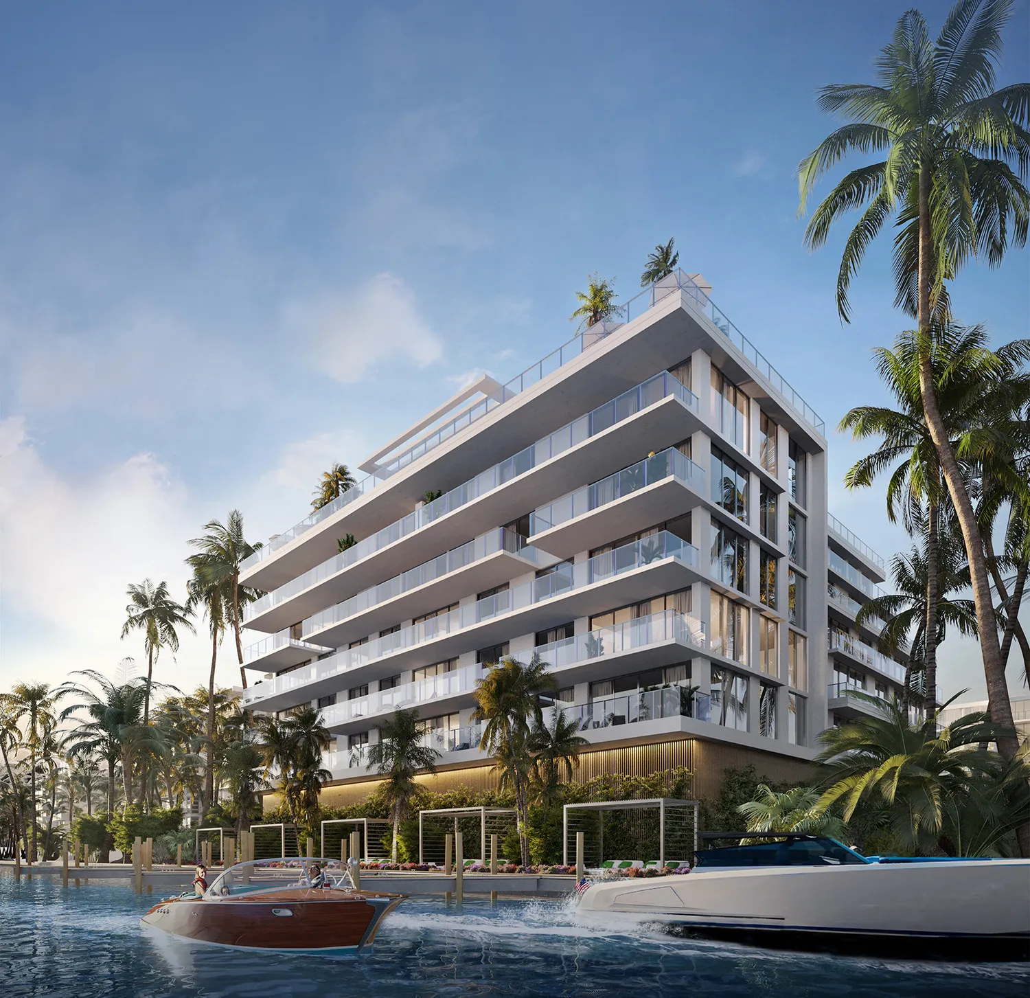 Rendering of the building approached from the water, its stacked terraces seen on the angle, two motor launches passing in the foreground.