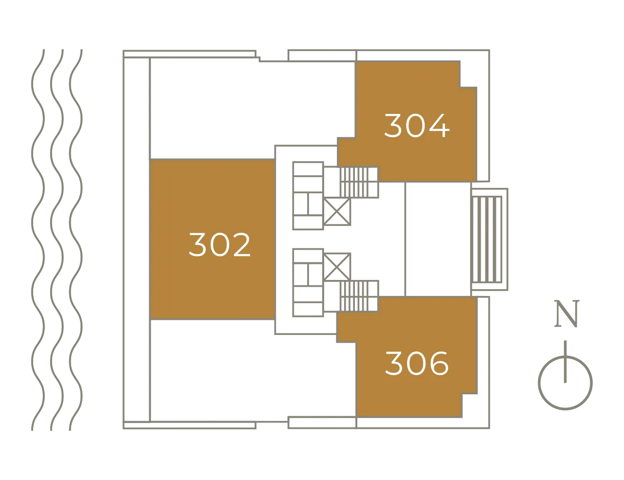 Key plan of Level 3 with residence 302 shaded in gold. Water runs along the west edge of the floor plate; north is up.