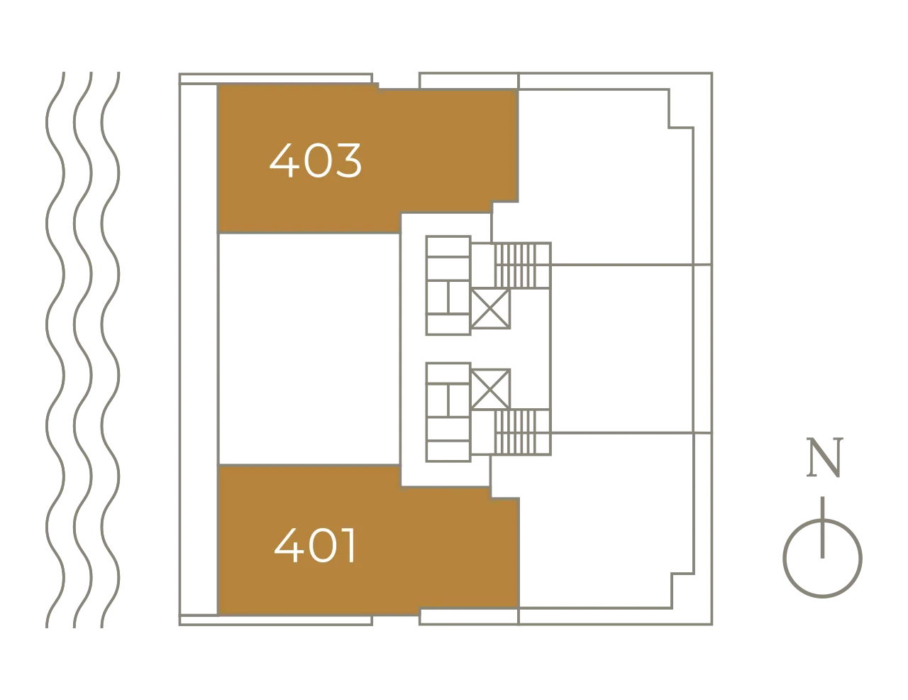 Key plan of Level 4 with residence 401 shaded in gold. Water runs along the west edge of the floor plate; north is up.