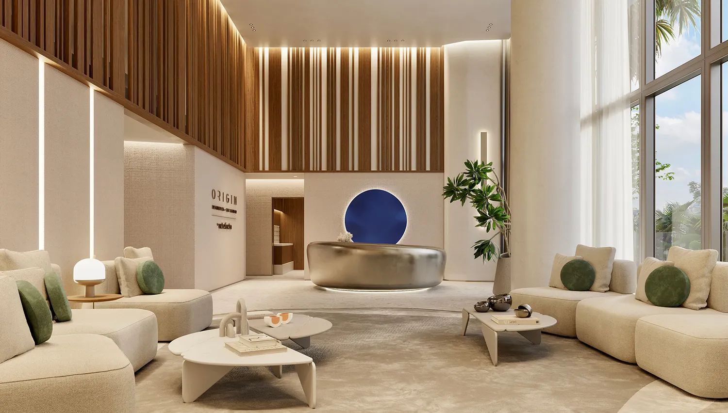 Imagen ilustrativa del salón del lobby a doble altura: sofás curvos en tonos claros, un muro de lamas de madera y una mesa escultórica pulida bajo un disco azul intenso.
