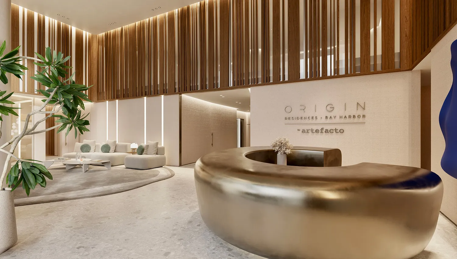 Imagen ilustrativa de la recepción del lobby: un mostrador de bronce pulido frente al rótulo mural que dice Origin Residences Bay Harbor by Artefacto.