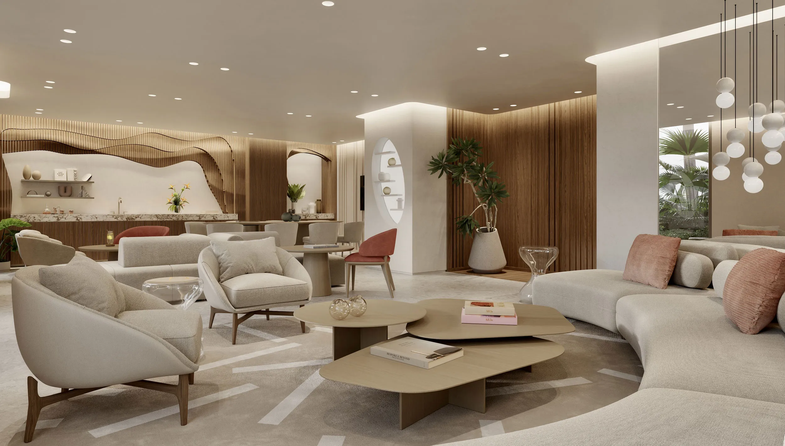 Render del salón de propietarios: sillones de bouclé color crema y un sofá curvo sobre una alfombra clara, mesas bajas de roble, una barra con encimera de mármol bajo una ola escultórica de madera y paredes de nogal listonado.