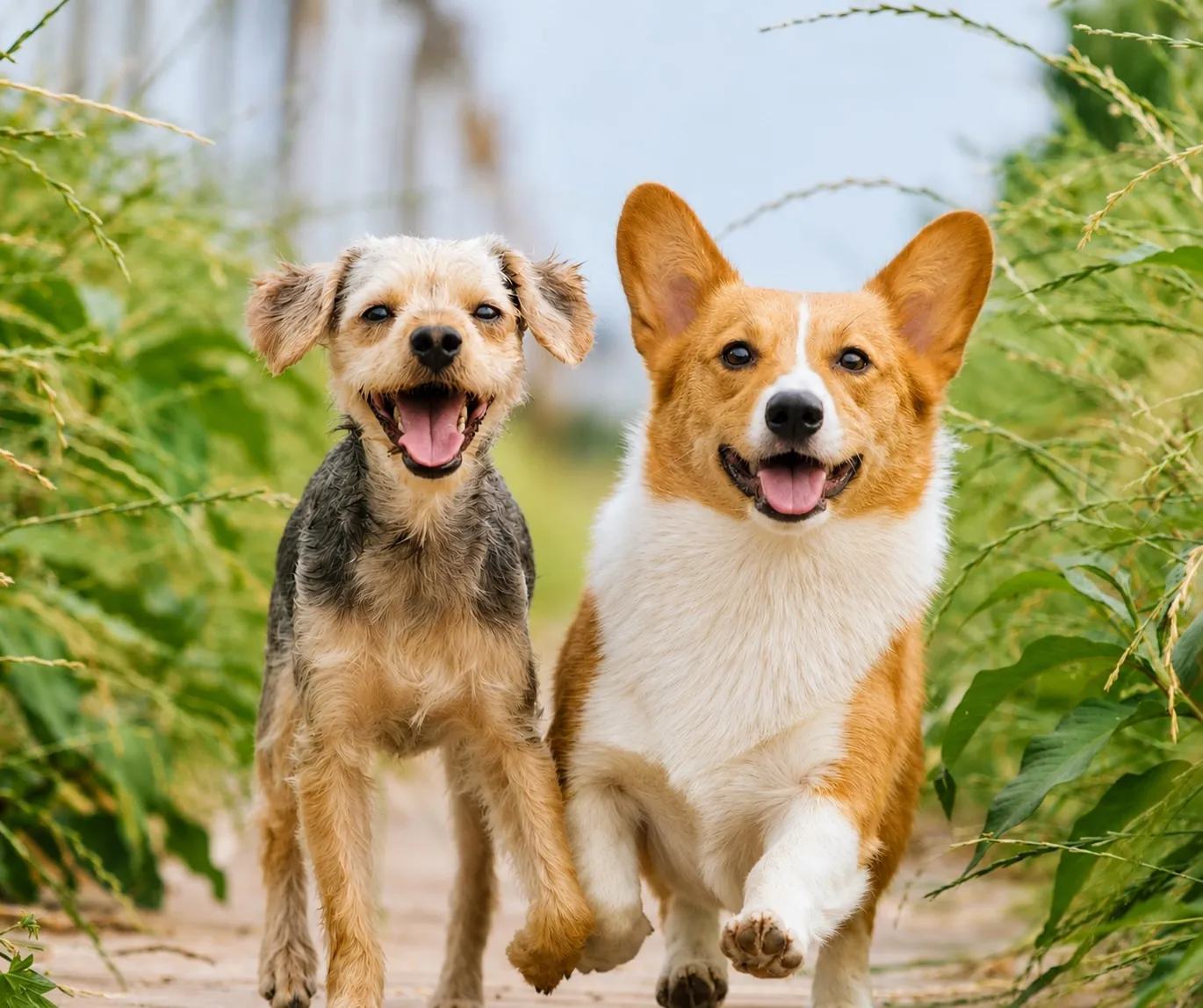 Dos perros, un terrier y un corgi, corriendo lado a lado por un sendero entre hierbas altas.