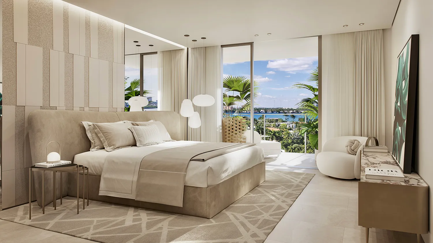 Rendering of a primary bedroom with an upholstered headboard wall, sliding doors open to a planted terrace and the water beyond.