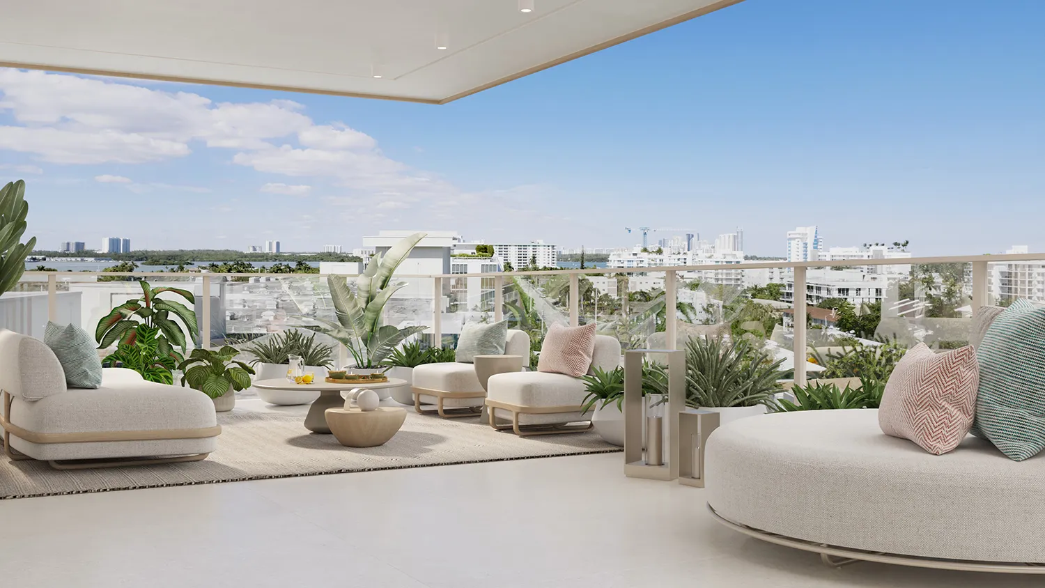 Rendering of a private terrace, deep lounge seating and planters under a shaded soffit, looking out over rooftops toward the skyline.