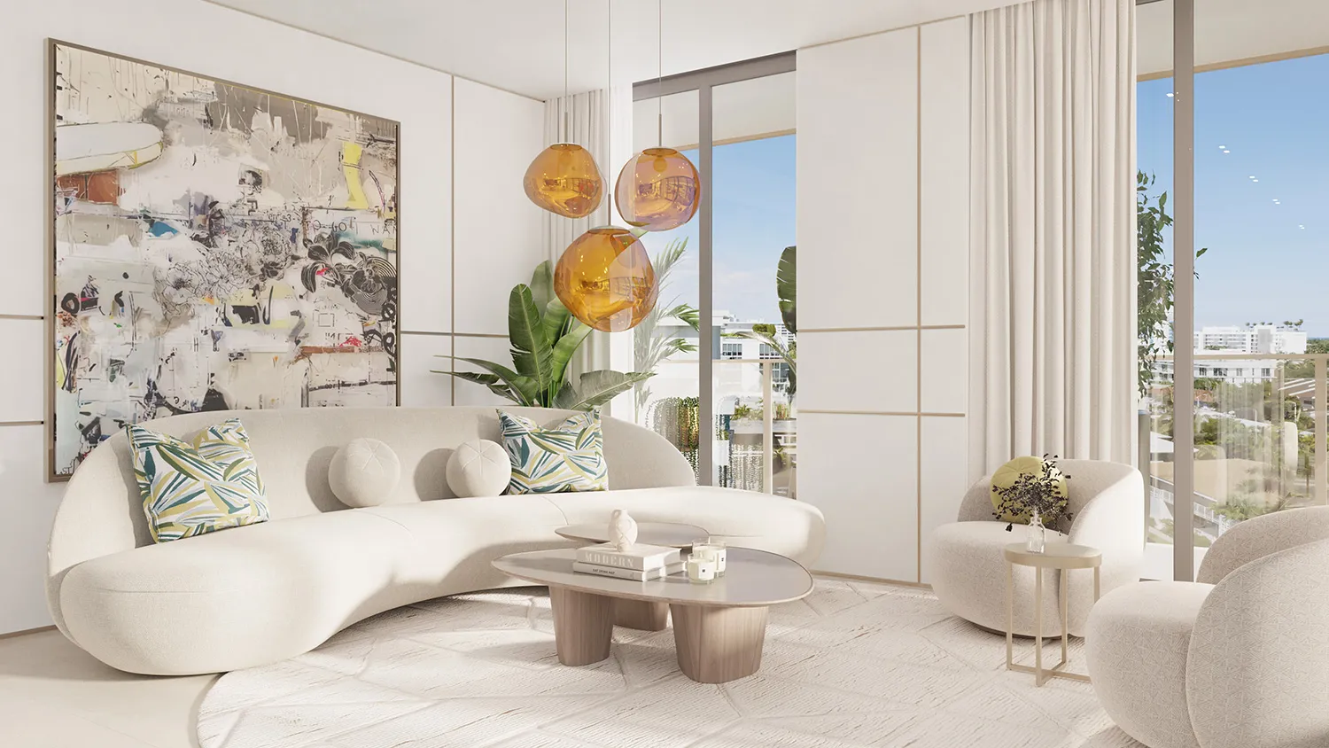 Imagen ilustrativa de la sala de estar de una residencia: un sofá curvo en color crema, lámparas colgantes de vidrio ámbar y un gran lienzo abstracto.