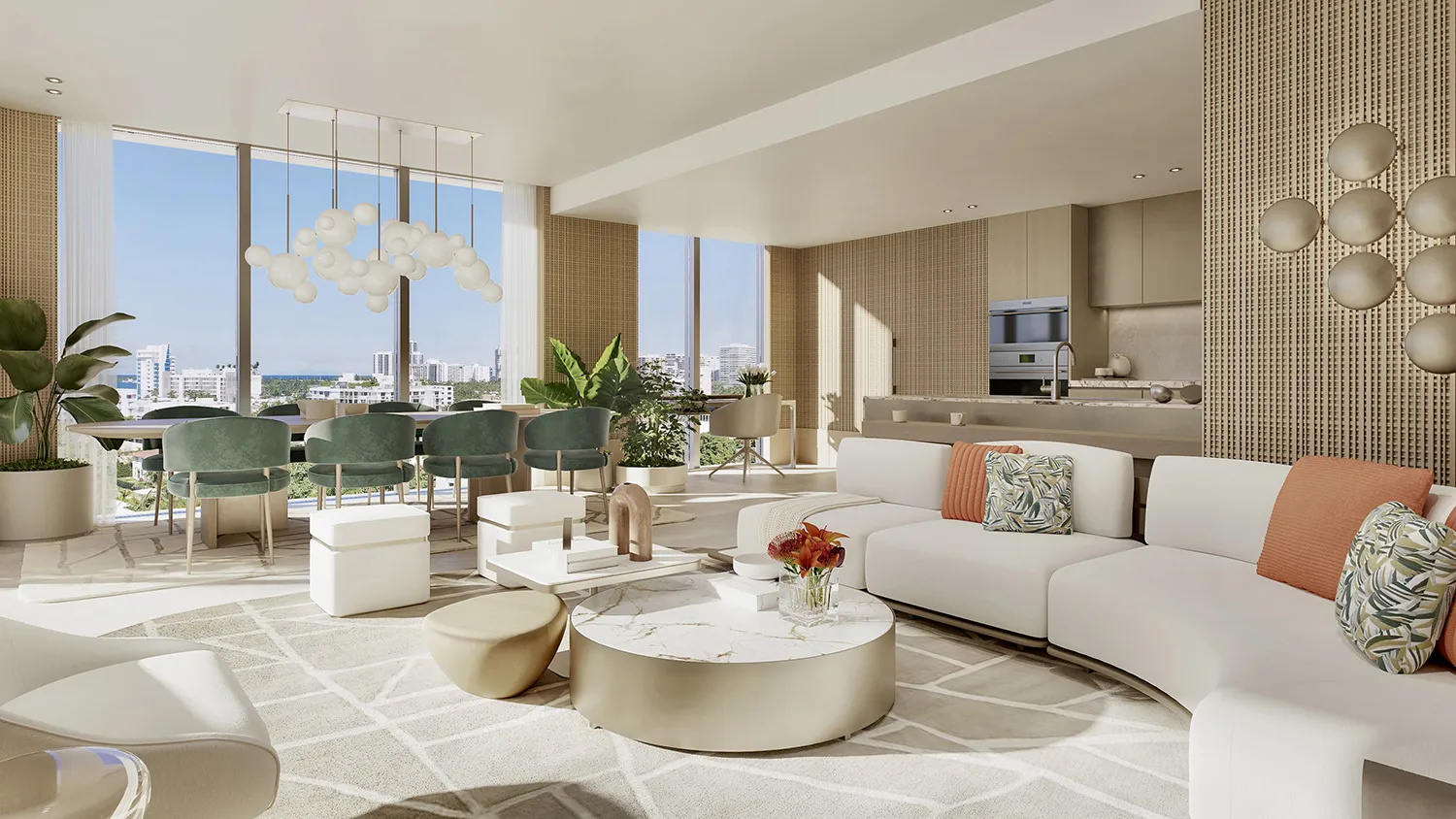 Rendering of a residence great room: curved sofas on a patterned rug, a dining table with green chairs and the open kitchen beyond.