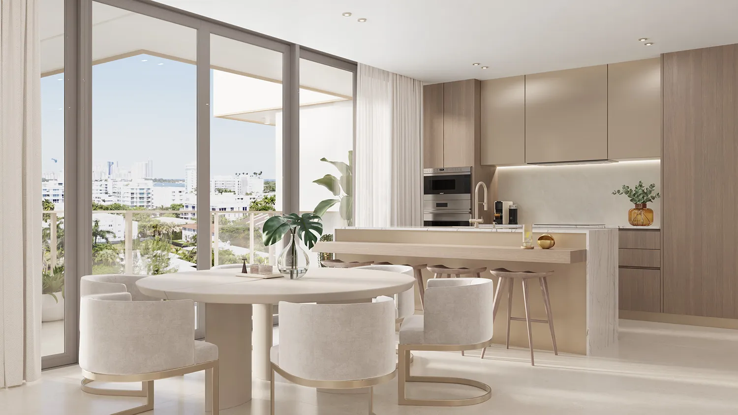Rendering of a residence kitchen, a stone island with bar stools beside a round dining table at the terrace doors.