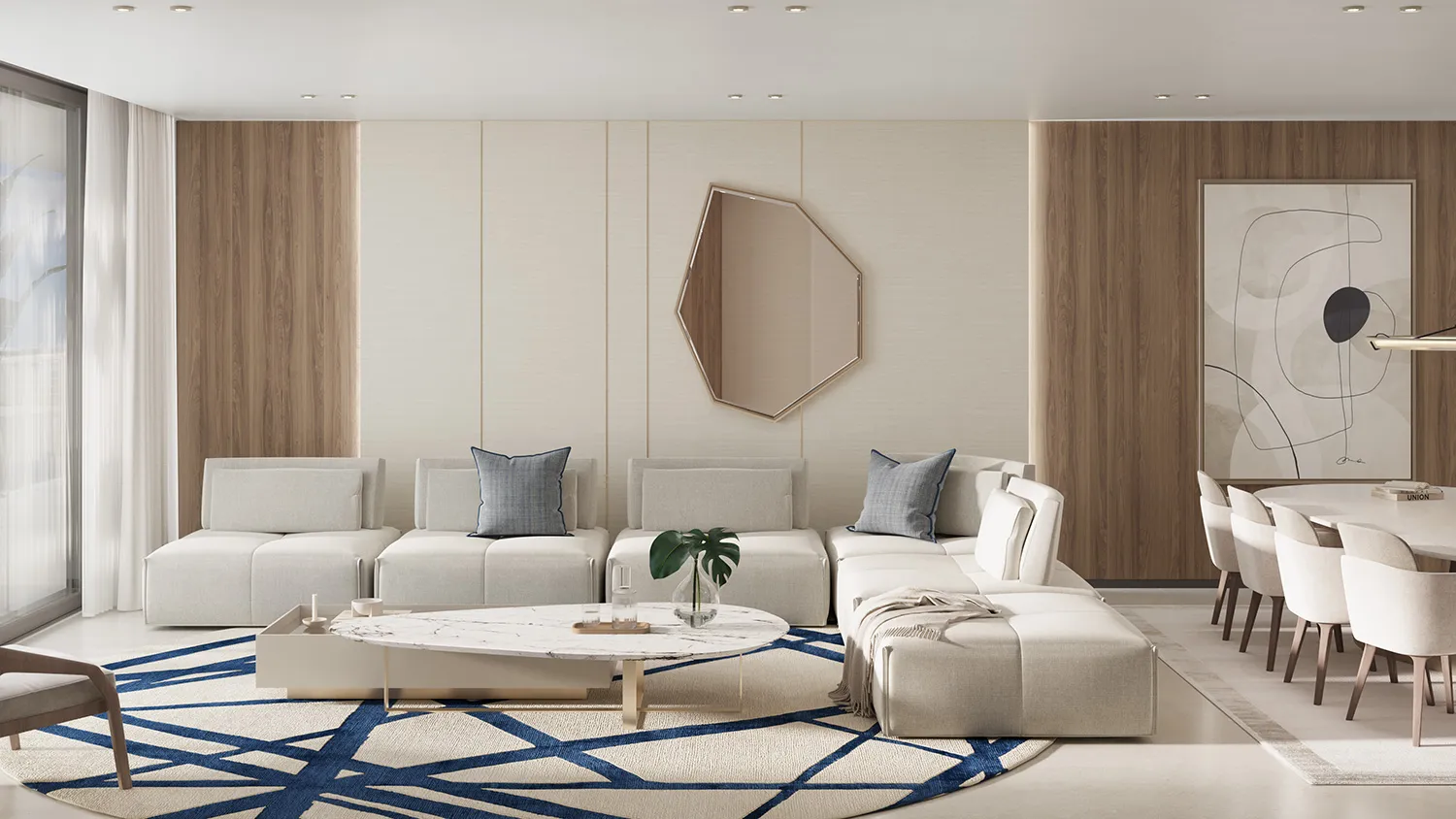 Rendering of a living room on a blue patterned rug, a modular cream sofa facing a faceted mirror on a panelled wall.