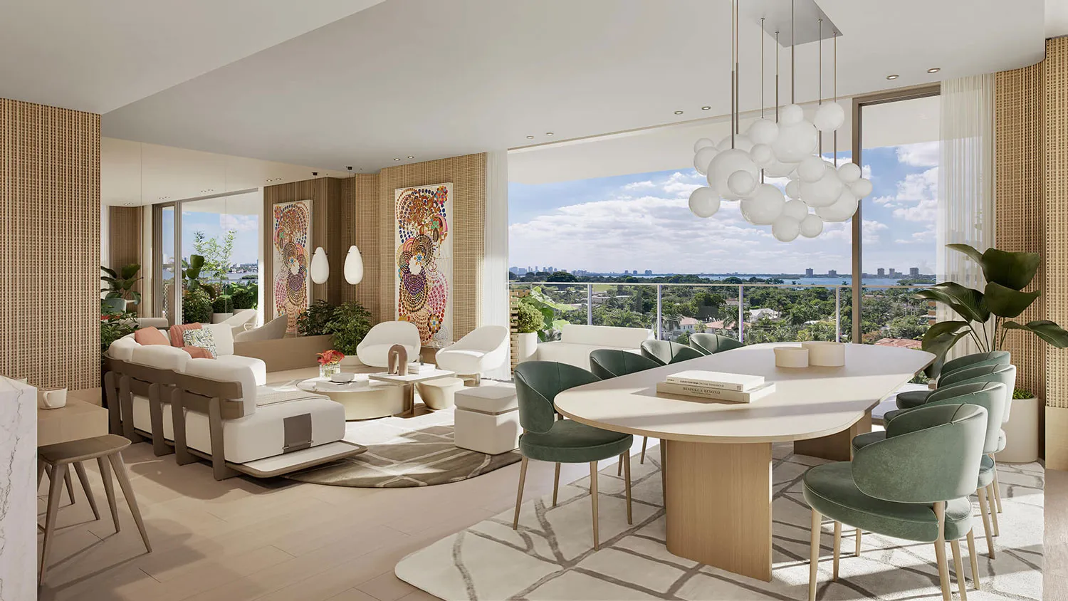 Rendering of a residence living and dining room, green upholstered chairs around an oval table under a cluster pendant, opening to a bay view.