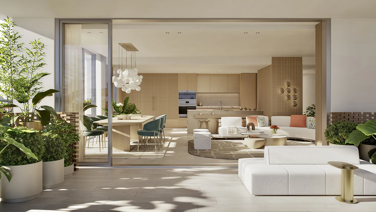 Rendering of a residence seen from its terrace, sliding doors open onto the kitchen, dining table and living room within.