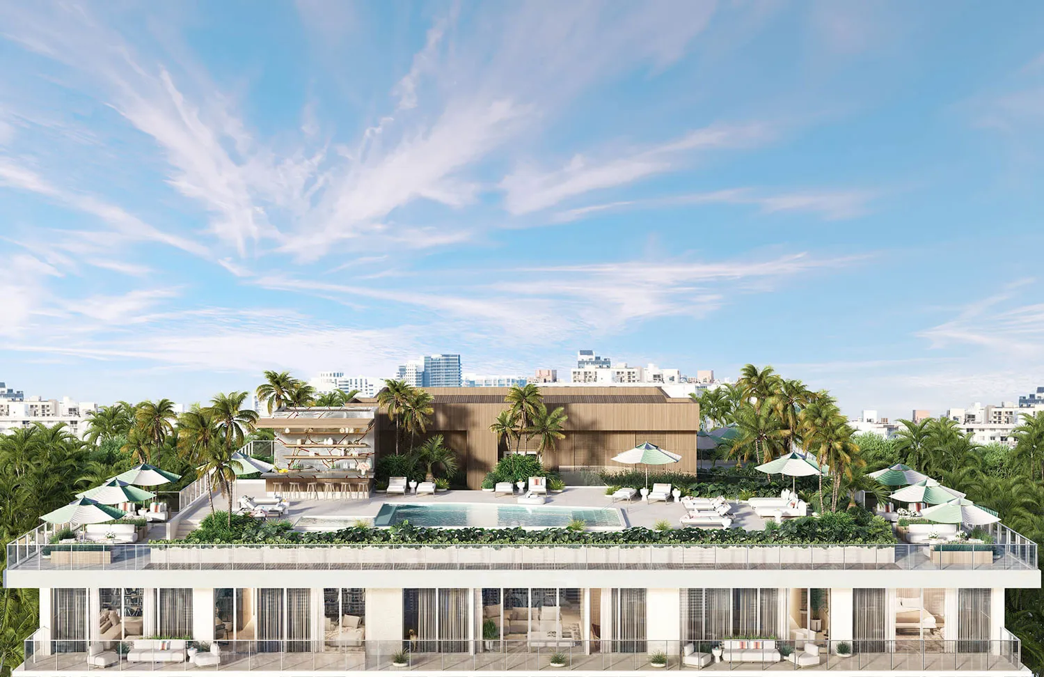 Rendering of the rooftop deck seen from across the water, the pool and umbrellas set between planted edges beneath a wide sky.