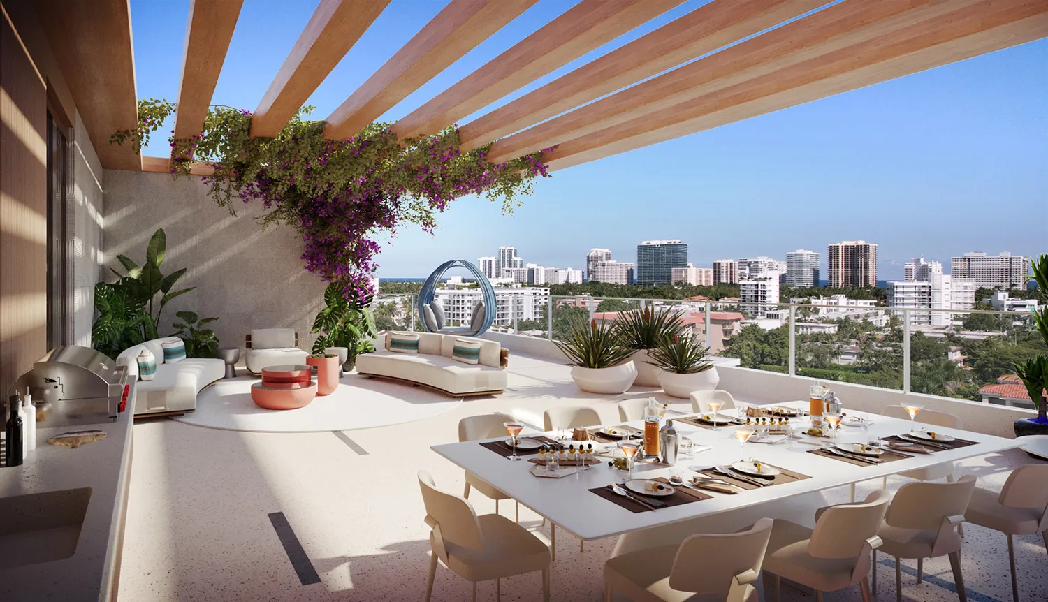 Rendering of a rooftop terrace under a timber pergola, a long table laid for dinner beneath trailing bougainvillea with the skyline behind.