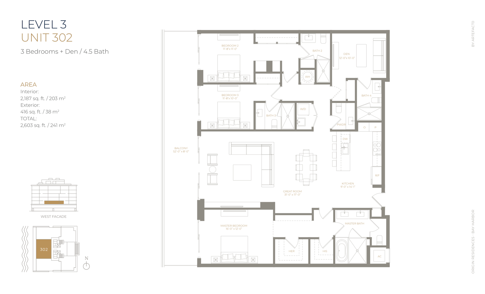 Floor plan for residence 302, showing room layout, dimensions and the balcony, with a keyplan marking the residence within the floor.