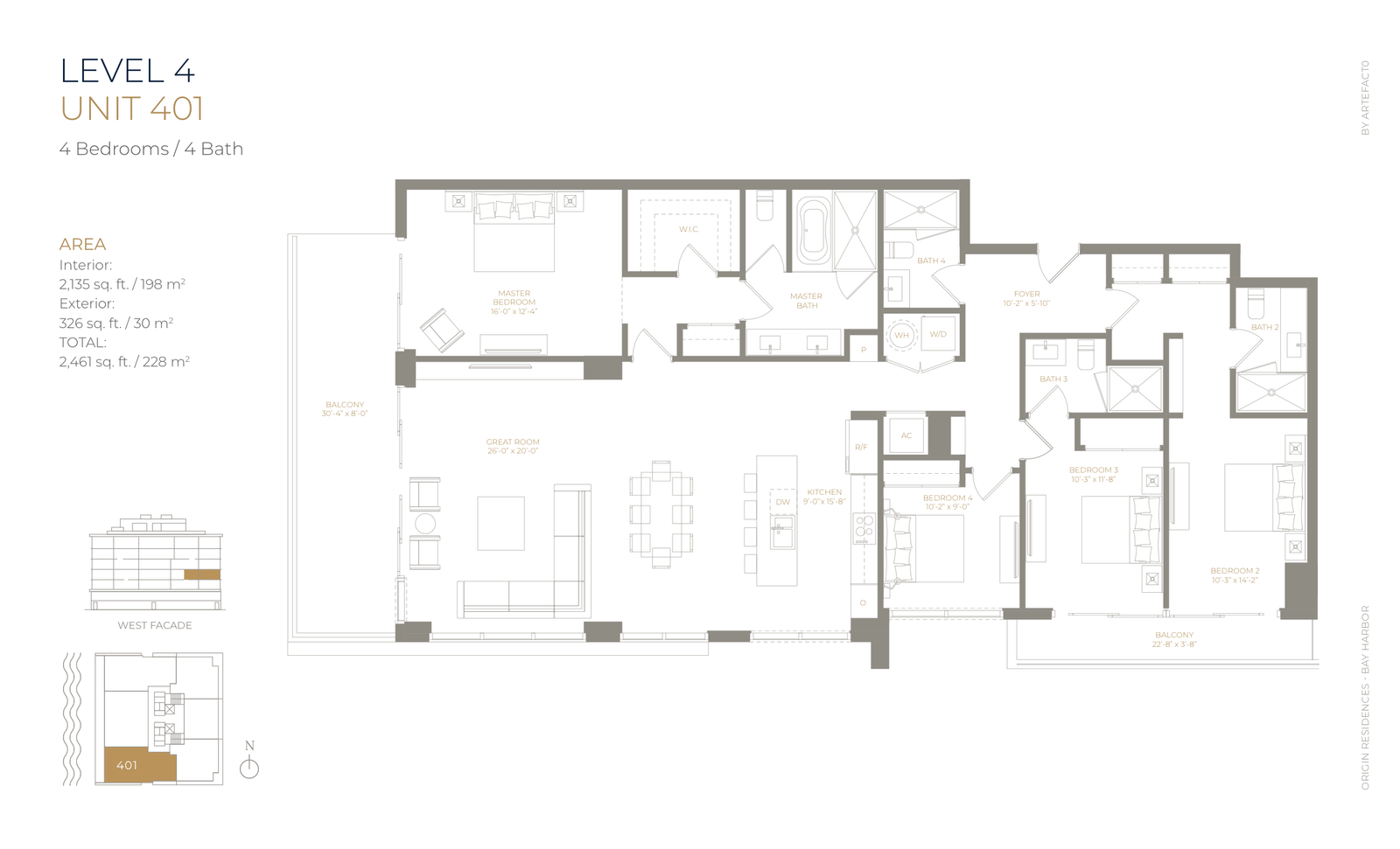 Floor plan for residence 401, showing room layout, dimensions and the balcony, with a keyplan marking the residence within the floor.